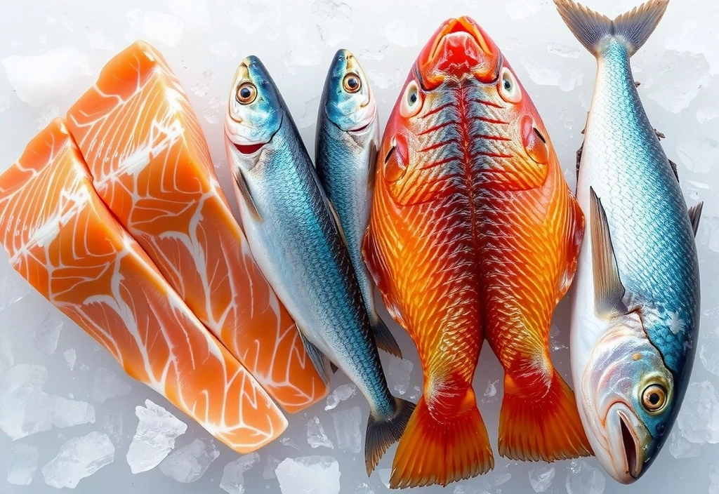 Μια ποικιλία από λιπαρά ψάρια σε πάγο
