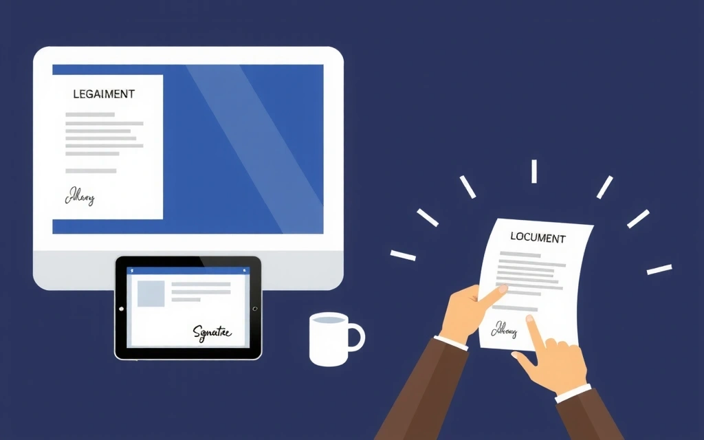 Σύγχρονη απεικόνιση νομικών εγγράφων και ψηφιακής υπογραφής, με φόντο έναν υπολογιστή και ένα tablet.
