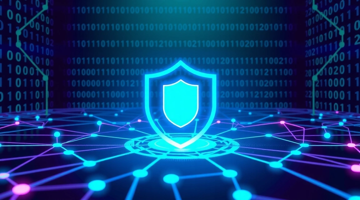 Cybersecurity illustration with a digital shield protecting a network, binary code, and secure connections.
