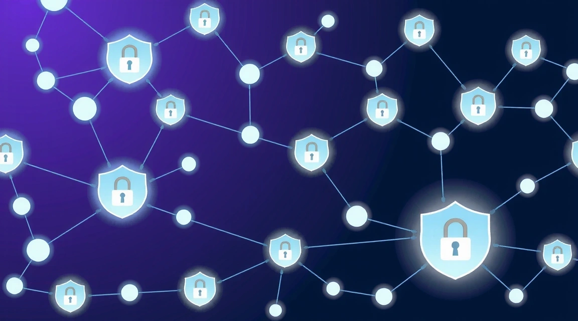 Digital illustration of secure data sharing, with interconnected nodes and encrypted pathways. Focus on trust and controlled access.
