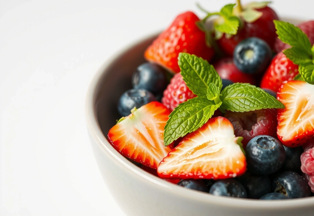 Εικόνα με ένα μπολ γεμάτο φρέσκα μούρα, συμβολίζοντας την υγιεινή διατροφή.