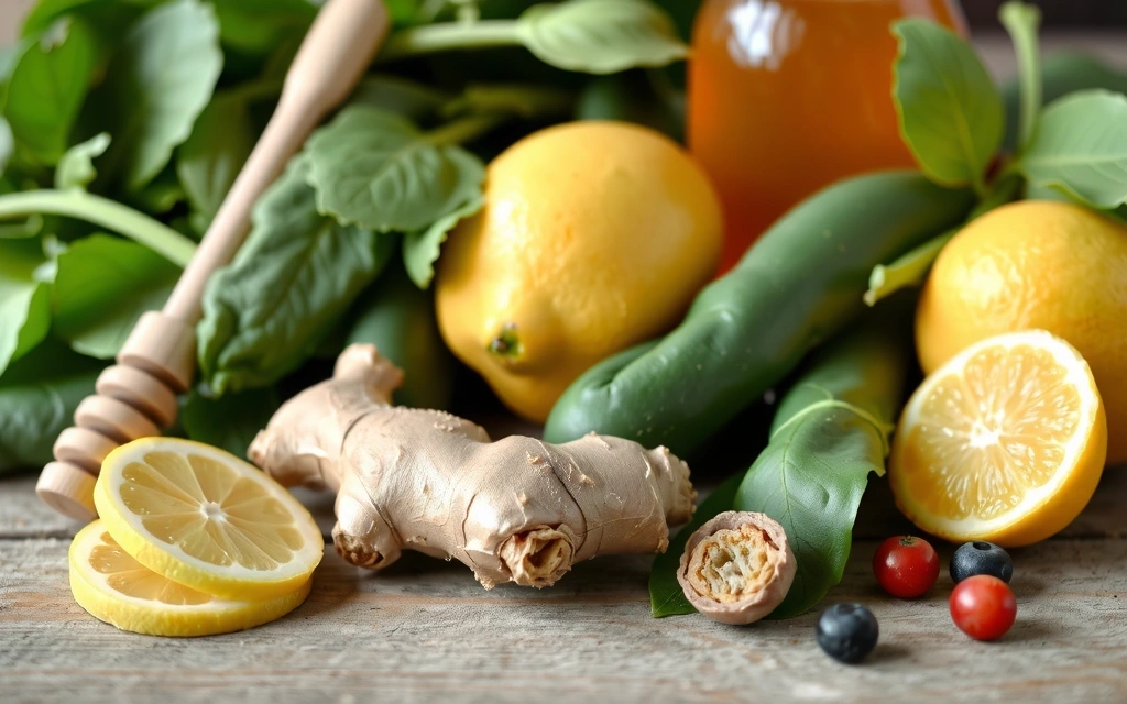 Εικόνα με μια ποικιλία από υγιεινές τροφές και βότανα, όπως τζίντζερ, λεμόνια, μέλι και πράσινα φύλλα, που συμβολίζουν την ενίσχυση του ανοσοποιητικού.
